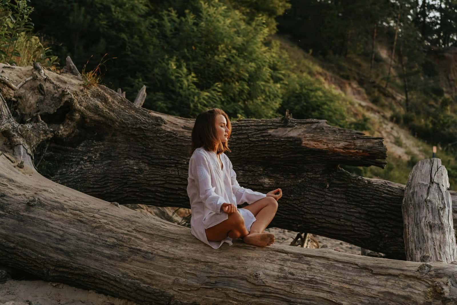 A woman in white meditating cross-legged on a fallen tree trunk at the edge of a forest